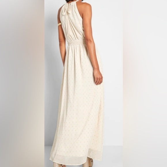 Modcloth Illuminated Elegance Metallic Flecked Ivory Chiffon Halter Maxi S #212 - Picture 2 of 5